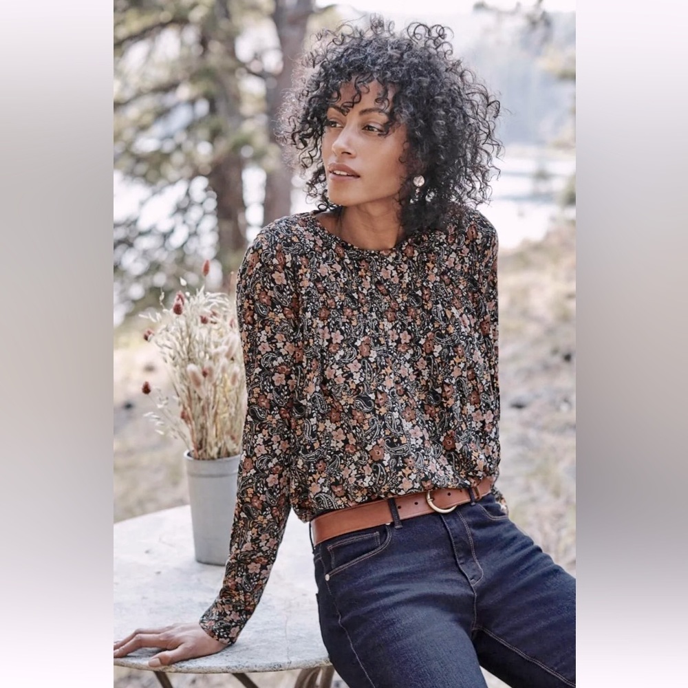 J Jill Smocked Floral Print Long Sleeve Top, Size M